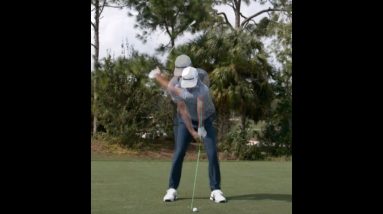 Dustin Johnson Slow Motion Overlay showing the forward handle position that produces a lag impact.